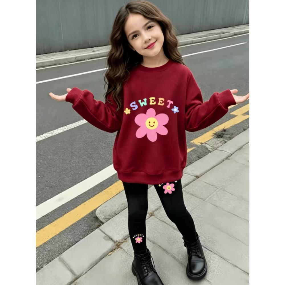 Girls' Smiley Flower Casual Comfortable Soft Loose Pullover Sweatshirt and Leggings 2-Piece Set, New Autumn/Winter, Playful, Sweet and Cool Style