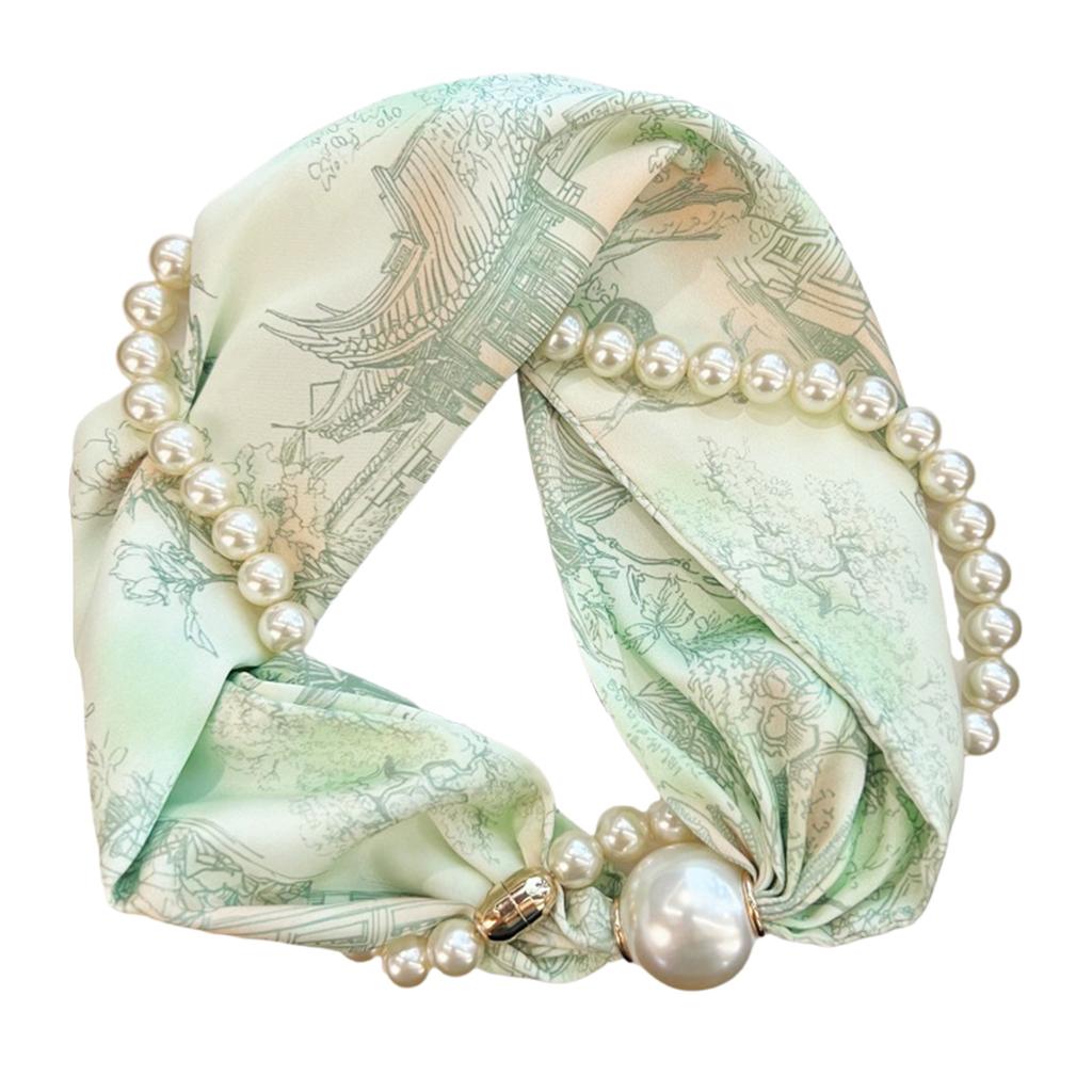 Magnetic Clasp Pearls Chain Necklace Floral Satins Scarf Elegant Silk Skinny Narrow Neckerchief for Fashionable Women