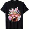 Highland Cow Easter Bunny Ears Heart Glasses Graphic Tee Casual Cotton T-Shirt for Men
