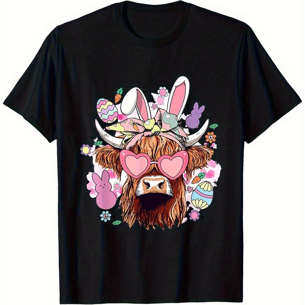 Highland Cow Easter Bunny Ears Heart Glasses Graphic Tee Casual Cotton T-Shirt for Men