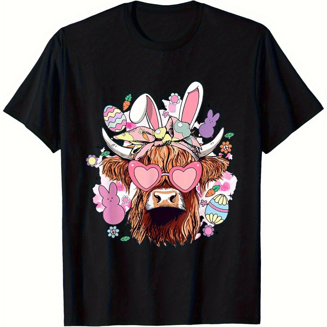 Highland Cow Easter Bunny Ears Heart Glasses Graphic Tee Casual Cotton T-Shirt for Men S