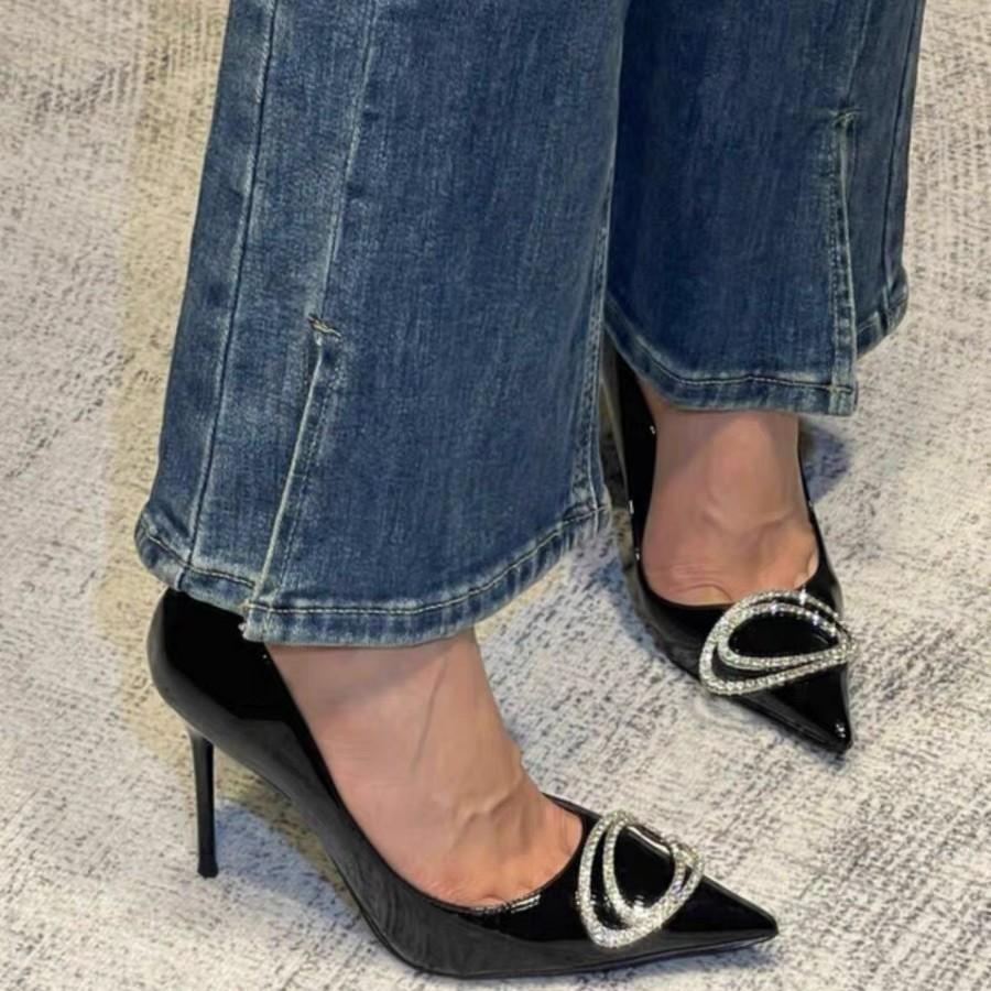 [Spot] Pointed black patent leather high heels women's thin heels French temperament shallow mouth single shoes versatile and not tired feet shoes