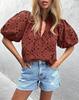 Women's V-Neck Lace Embroidery Lantern Sleeve Summer Top