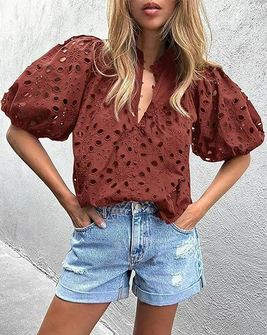 Women's V-Neck Lace Embroidery Lantern Sleeve Summer Top
