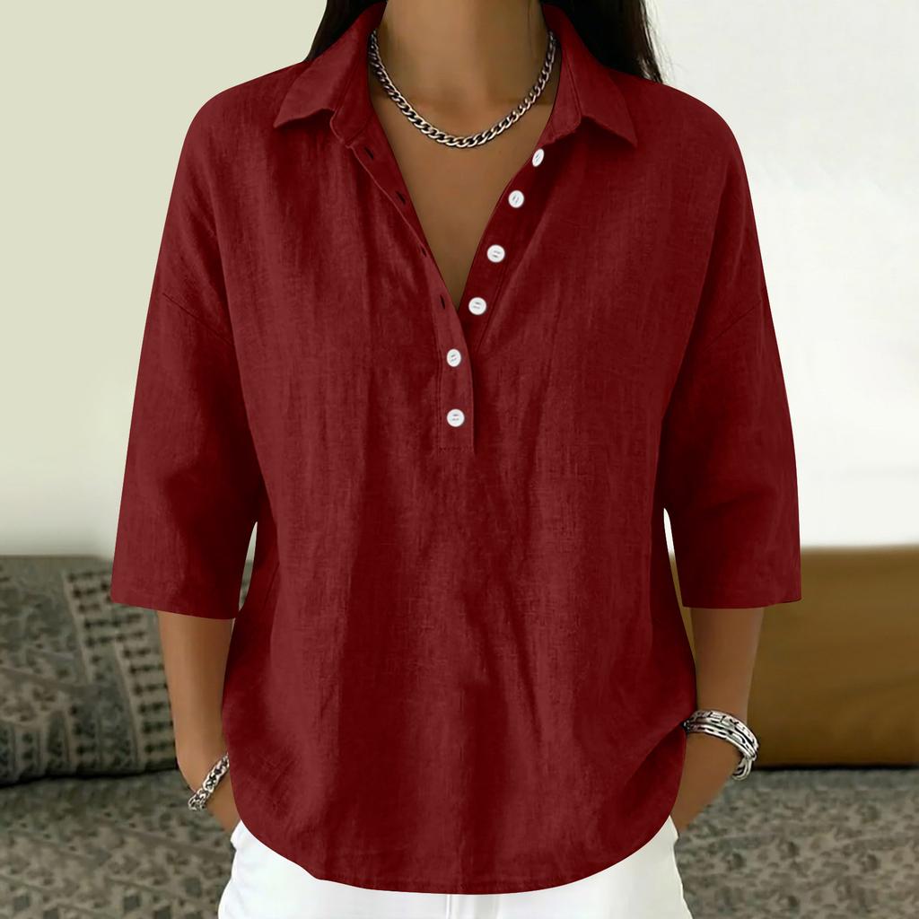 Damen 3/4 Ärmel Knopfleiste Hemdbluse V-Ausschnitt Elegant Lässig Sommerblusen Business Tops Arbeitshemden mit Kragen