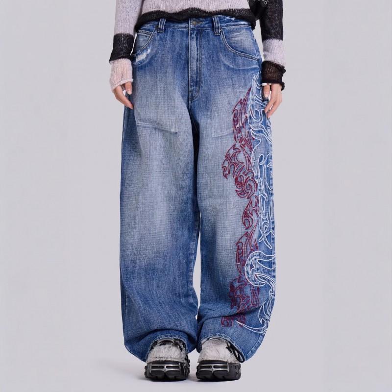 Y2K Embroidered Denim Jeans Women - Wide Leg Straight Cut Mid-Rise Light Wash Slightly Stretchy Streetwear Chic