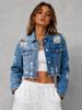 Women's Color Block Ripped Denim Short Jacket - Casual & Elegant with Raw Hem