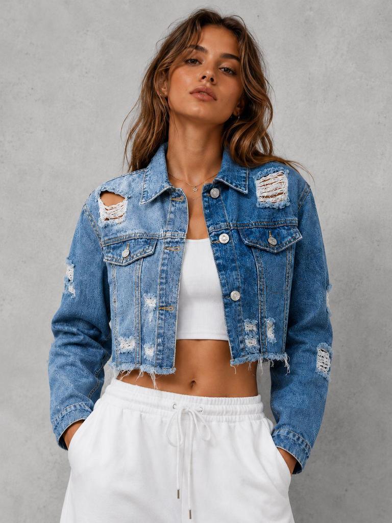 Women's Color Block Ripped Denim Short Jacket - Casual & Elegant with Raw Hem