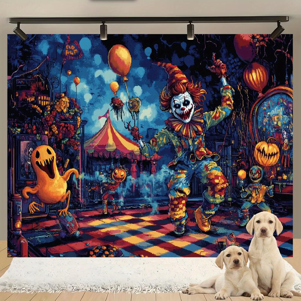 1 Surreal Clown Carnival Scene Party Banner - with a Colorful Polyester Fabric Background, Halloween Decoration