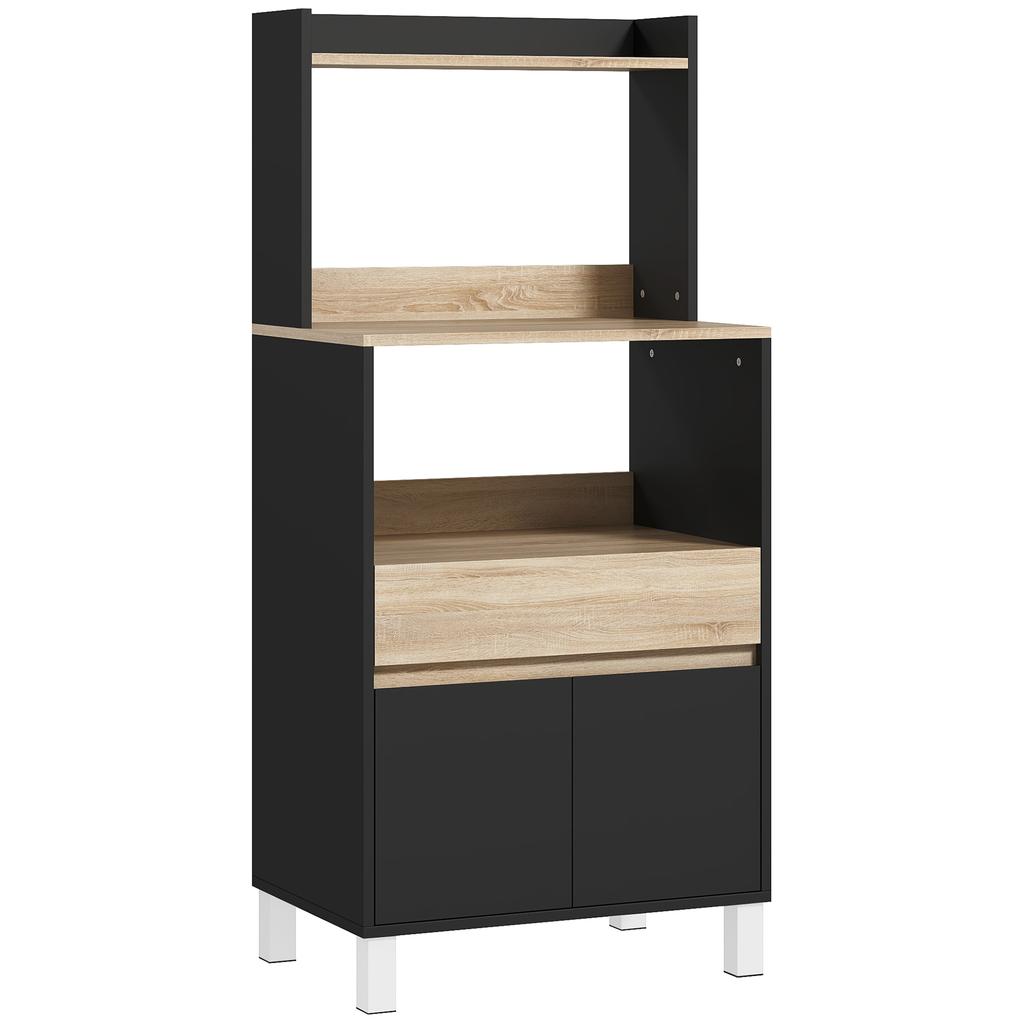 Microwave Furniture, Kitchen Buffet with Cupboard, Drawer, Top Shelf, 60 X 40 X 131 Cm, Oak and Black