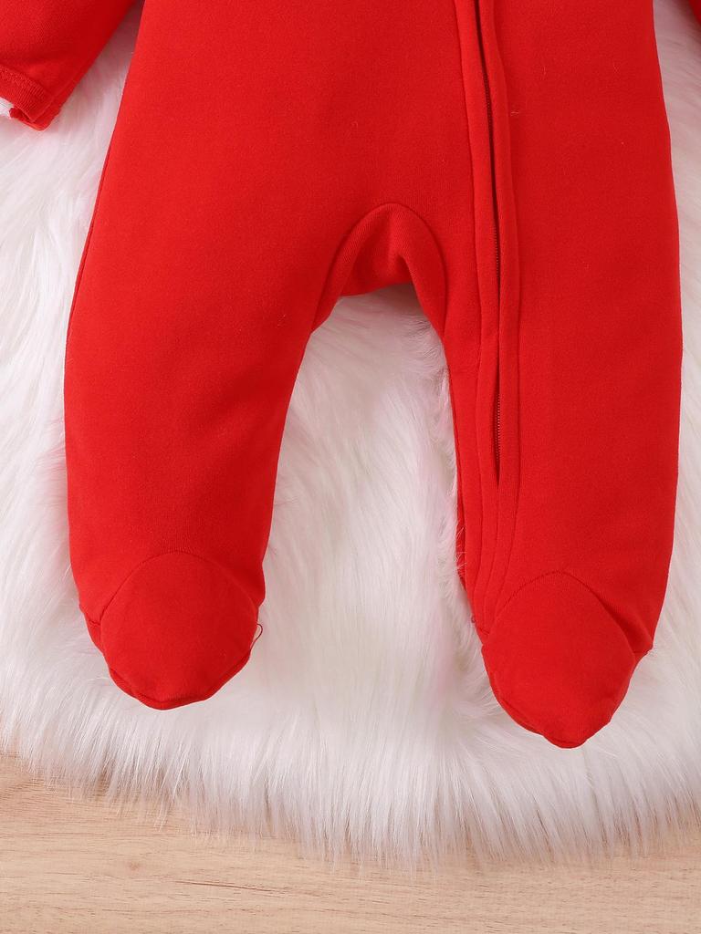 Red Baby Footed Zipper Romper, Long Sleeve Sleeper Onesie, Newborn Infant Solid Color Jumpsuit