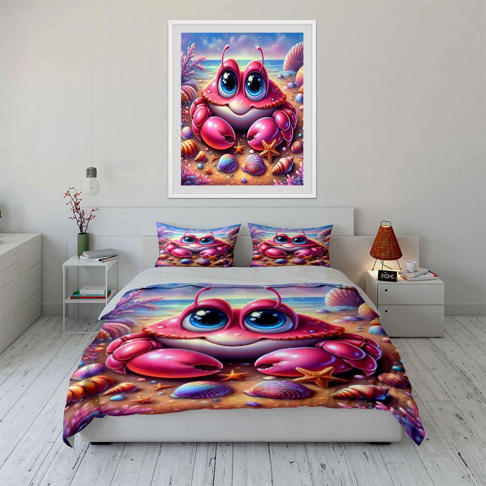 Cute pink crab on beach cartoon Print Bedding Set 1 Duvet Cover 2 Pillowcases for Adult and Children Luxury Gift Full Size