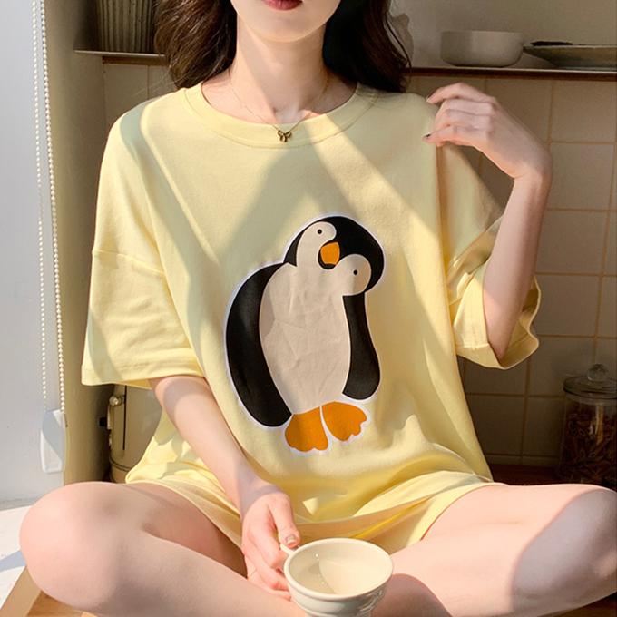 

Summer Cute Cartoon Cat Print Women s Pajamas Set O-Neck T Shirt & Shorts Sleepwear 2 Pieces Sets Pajama for Girl Youth Homewear M жёлтый
