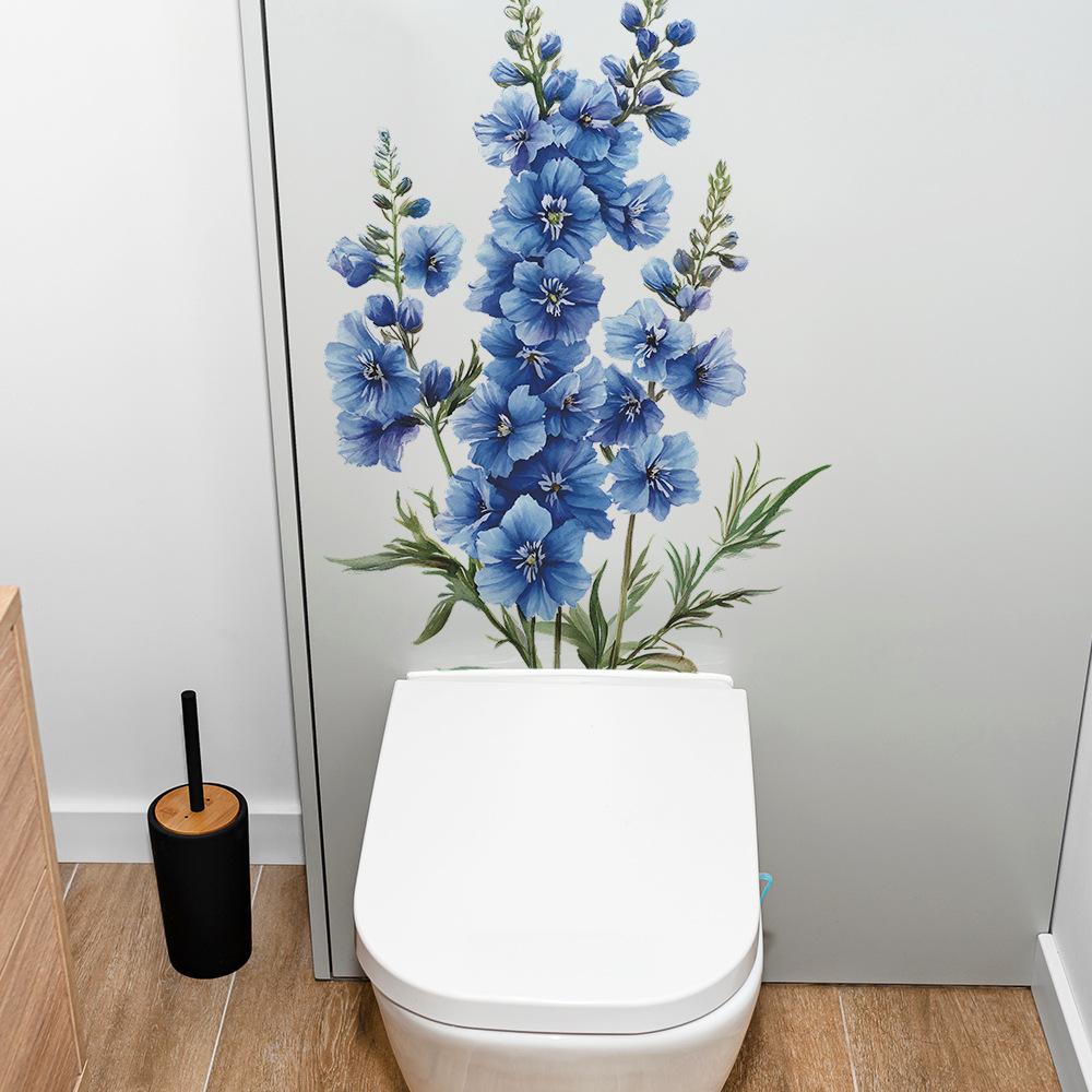 2 Pcs Watercolour Blue Flowers Bathroom Toilet Home Background Beautification Decoration Wall Stickers