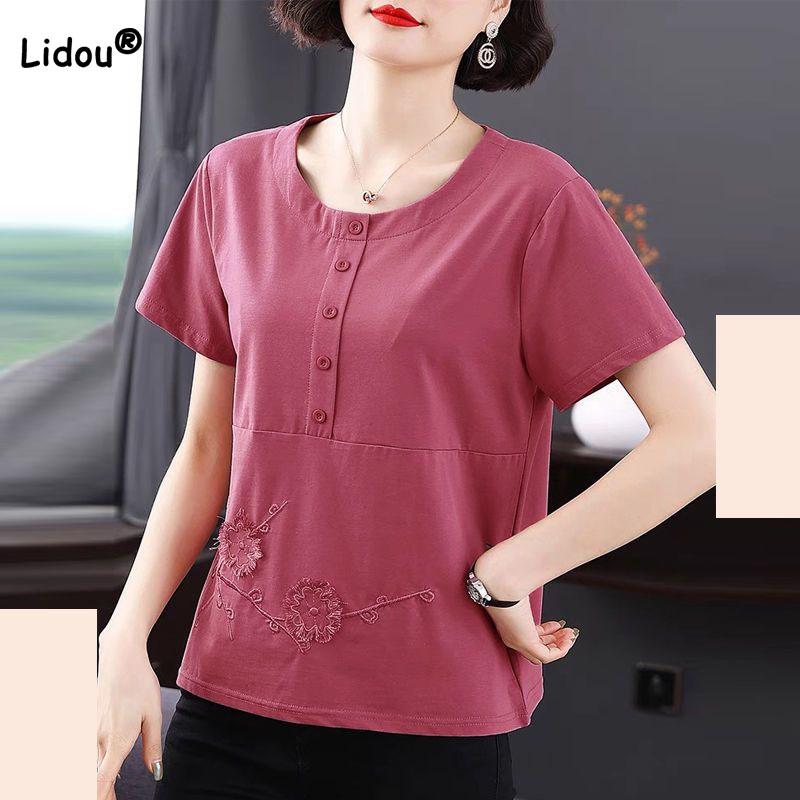 Casual All-match Solid Color Embroidery T-shirt for Female Summer Simplicity Loose Short Sleeve O-Neck Tops Women's Clothing