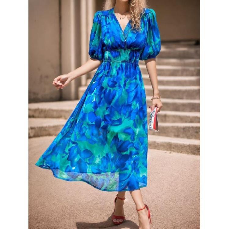 Summer Casual Boho Floral Print Midi Dress Women V Neck Short Sleeve Holiday Long Dress Fashion