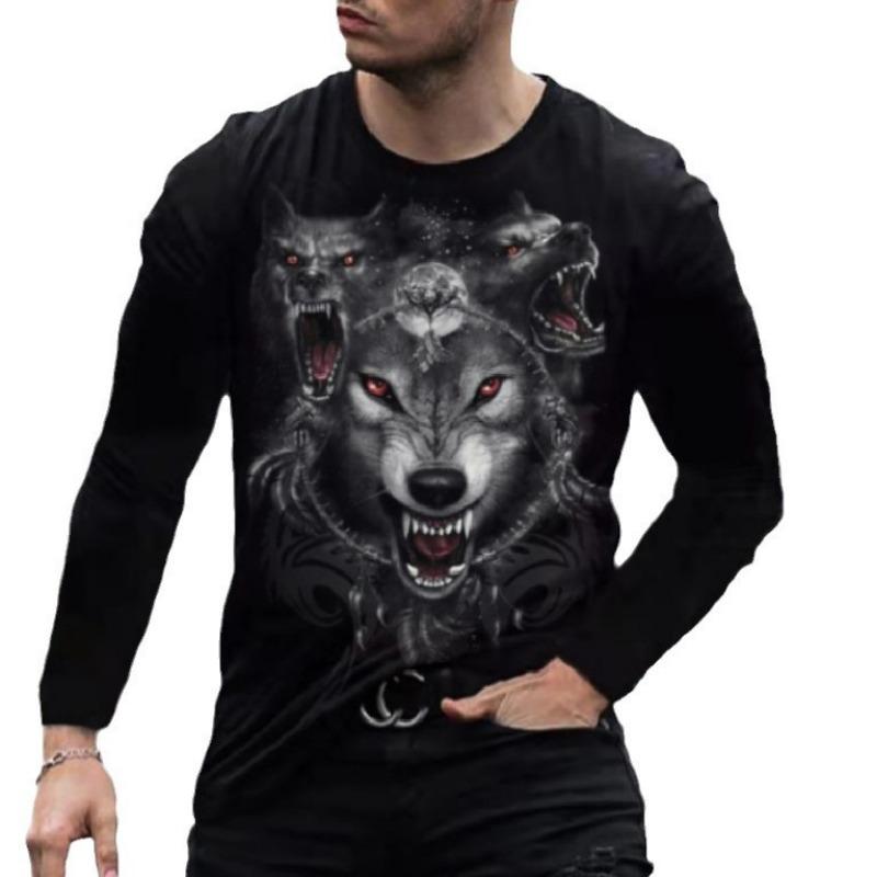 European American men's casual T-shirt with fierce animal 3D digital printing loose men's round neck long sleeved T-shirt