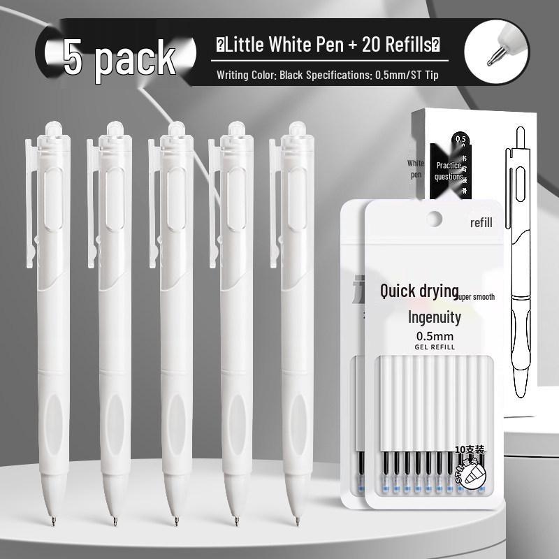 Japanese Style Press-Type White and Black Pen Set with Brush Stroke Tip, Smooth 0.5mm Black Ink for Students