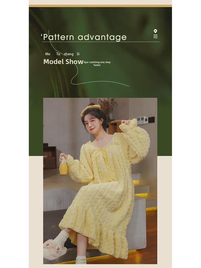 Women's Long Sleeve Fleece Nightdress - Warm, Over-the-Knee, Thick Plus Velvet Flannel, Large Size.