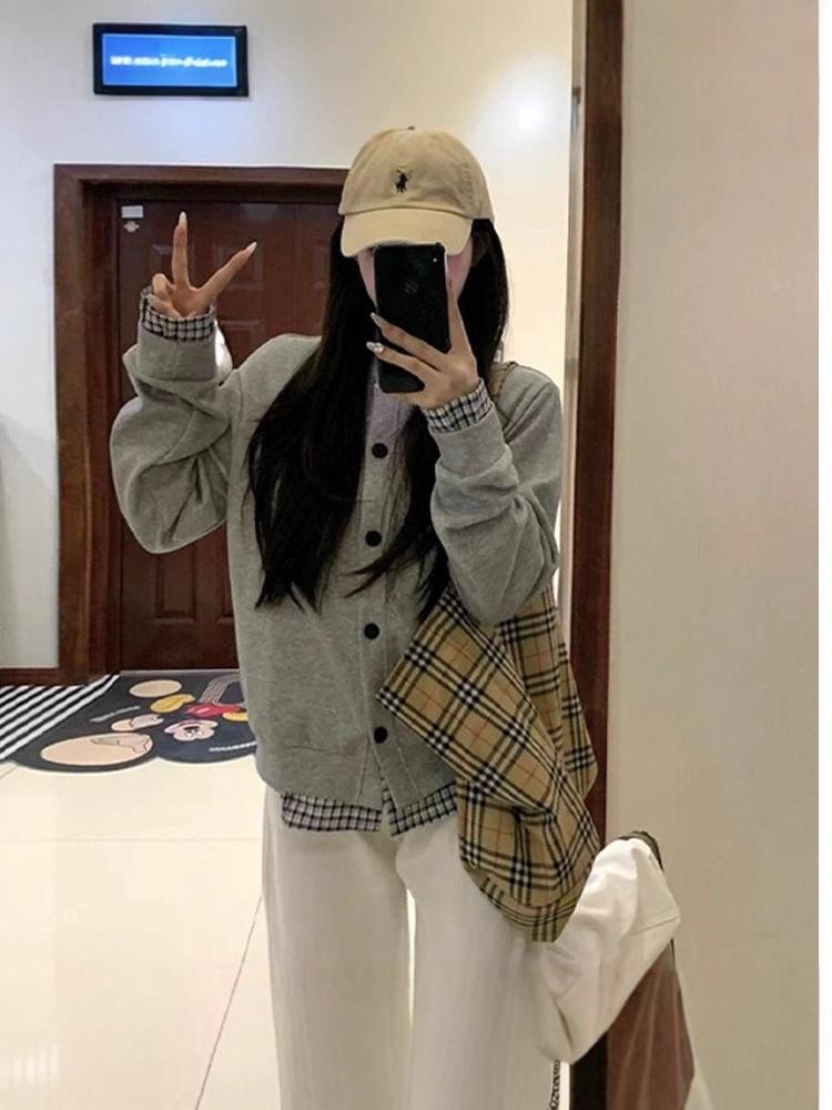 

Женское серое пальто-свитер из искусственного двухслойного трикотажа - Весна и Осень 2025 Вязаный кардиган One Size серый