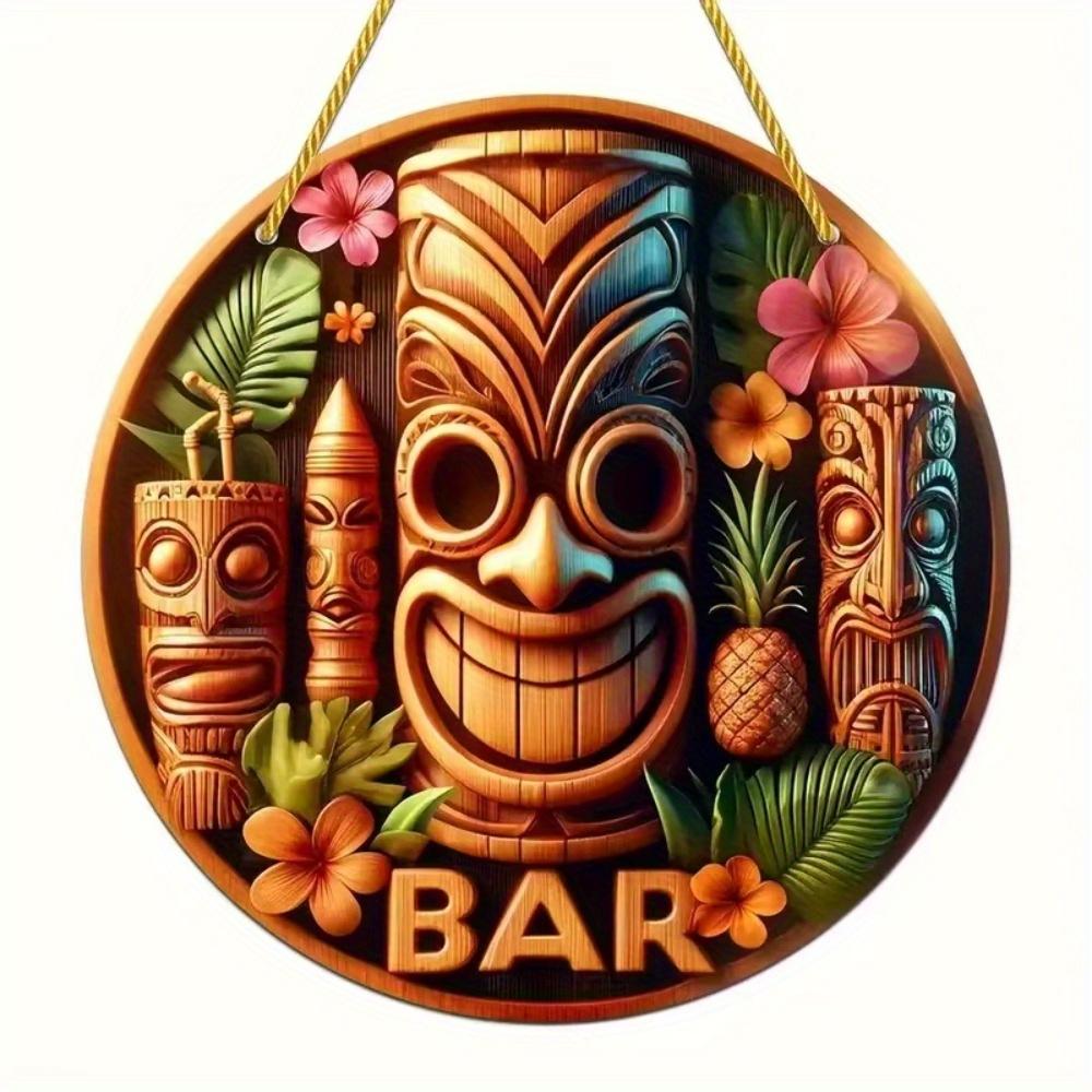 1pc 2d Flat Hawaiian Tiki Mask Bar Sign - 20cm Round Wood Art Decoration for Home, Garage, Cafe, Restaurant, Bar, BBQ, Beach, Resort Decoration