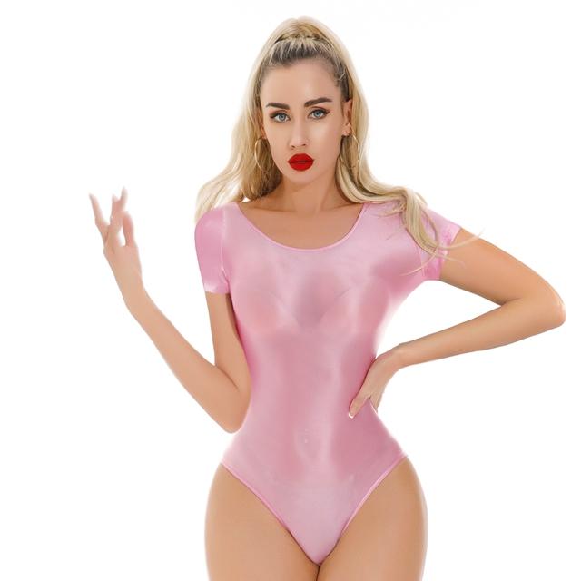 Sexy Women High Cut Bodysuit Sheer See Through Oil Glossy Shiny Elastic Tights Thong Yoga Leotard Maid Dance Wear