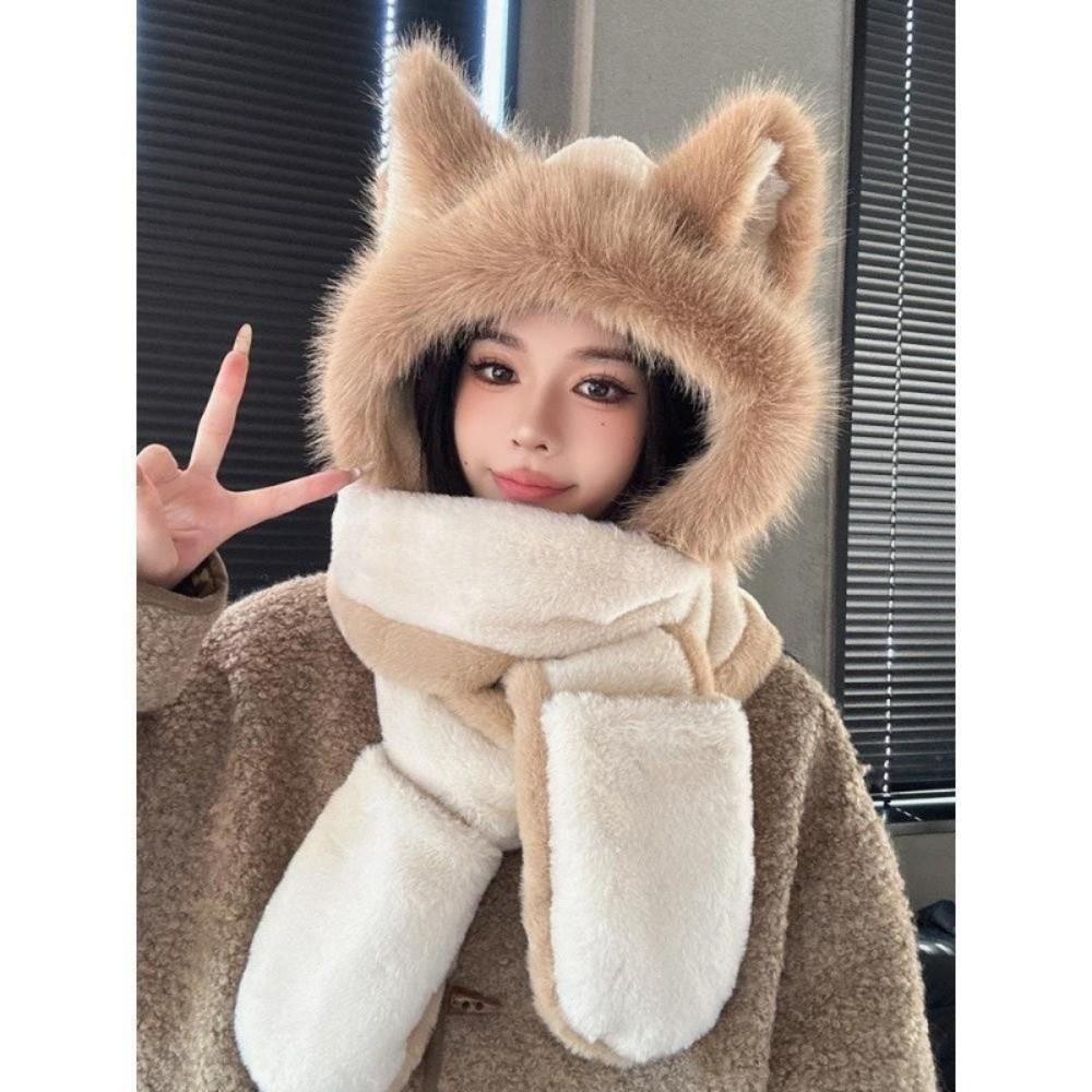 Keep Warm Fox Ear Hat Scarf Gloves Windproof Winter Plush Scarf NEW Scarf Gloves Autumn Winter