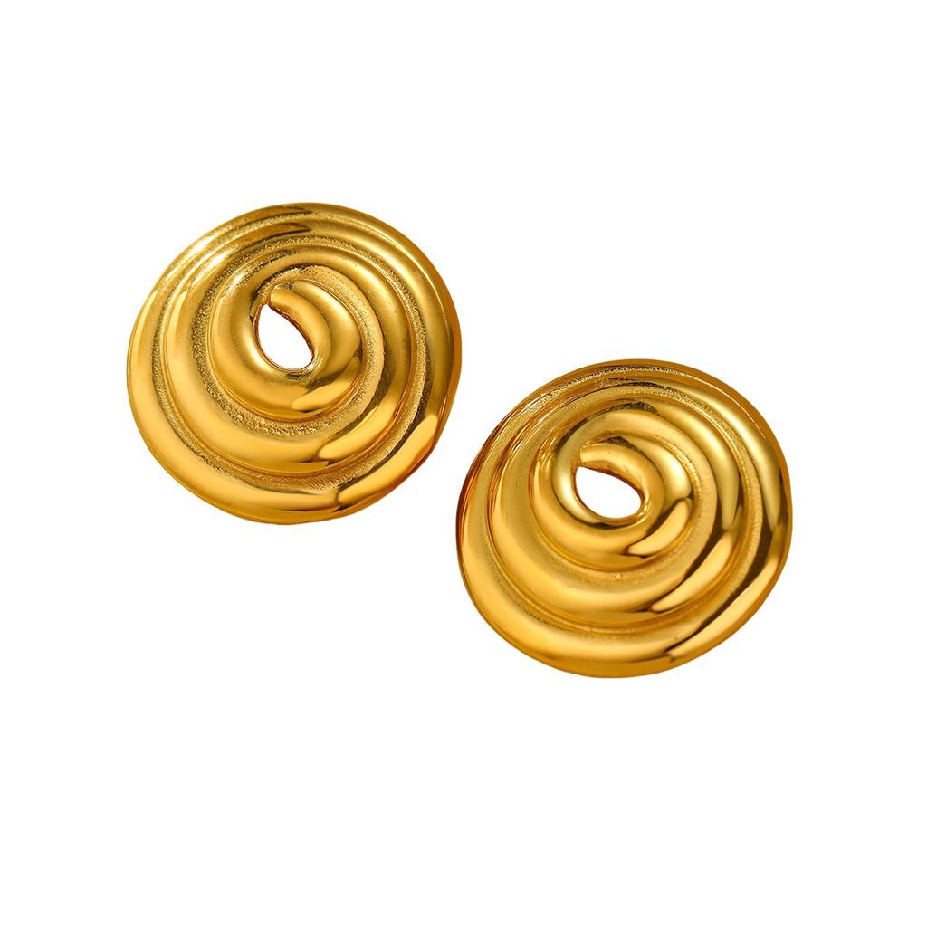 GEMCHIC Women's Hollow Spiral Thread Circle Stainless Steel Earrings Luxury Gold Studs