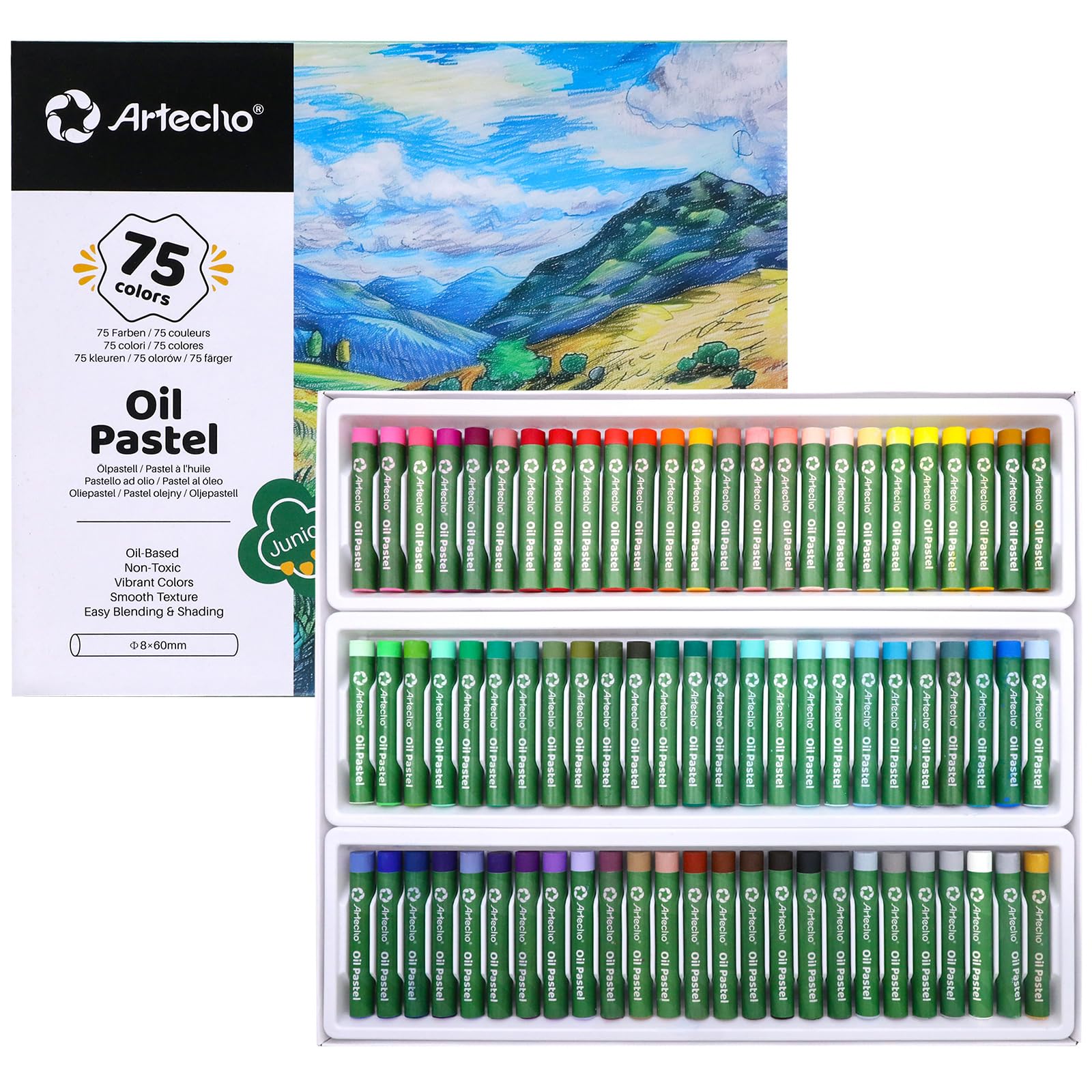 Artecho Oil Pastels 75-piece set (8x60mm) Soft oil pastels for art painting/drawing/blending/art supplies/artists/beginners/students/teachers.