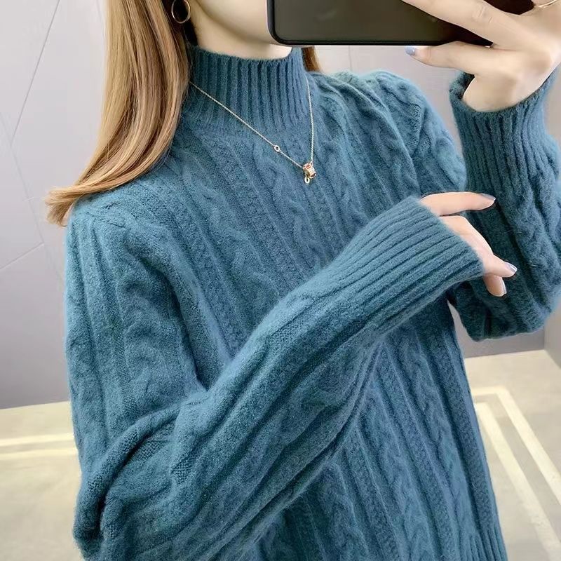 Herbst- und Winterstil Langarm Halber Stehkragen Pullover Damen Koreanische Version Einfarbig Kringel-Pullover Top