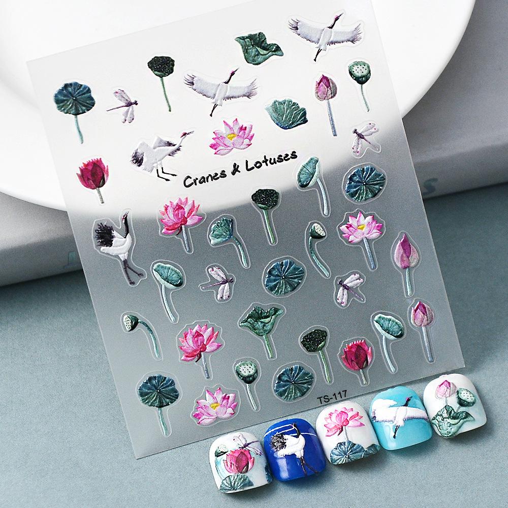 

Водонепроницаемый нейл-арт Трехмерная тисненая чернильная роспись Летние лотос Белые краны Клейкие наклейки для ногтей