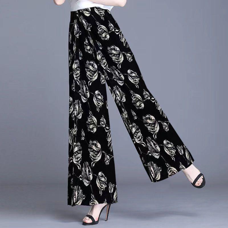 

2026 Summer Floral Chiffon Wide-Leg Pants for Women - Large Size, Loose Fit M: Up to 50 kg