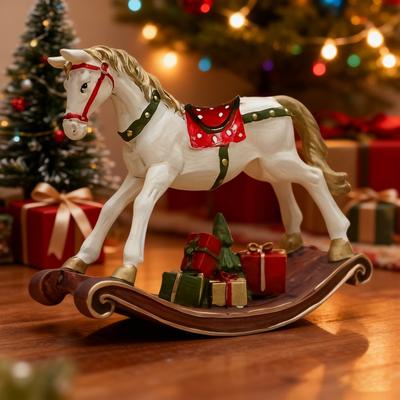 Hand-painted Rocking Horse Statue Vintage Wooden Horse Figurine Resin Pony Sculpture Home Office Desktop Decoration Ornament