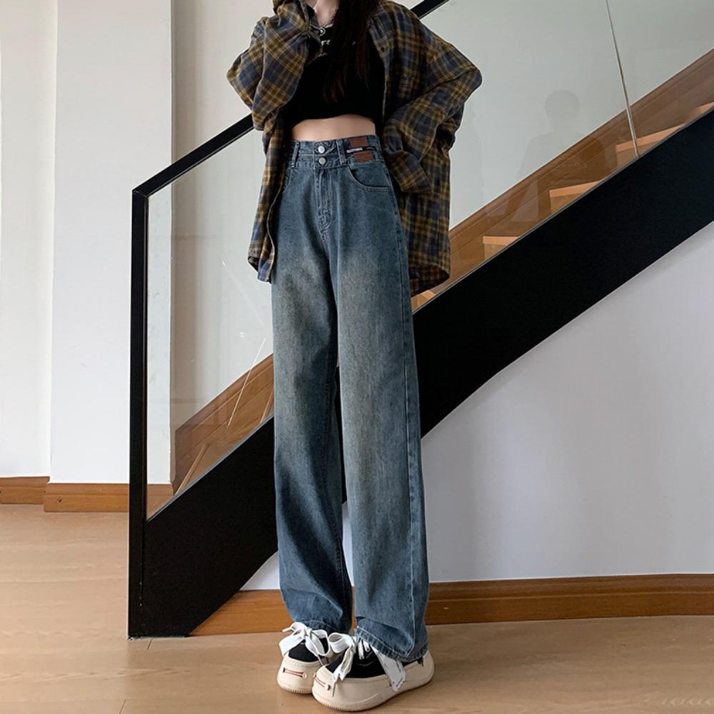

High waist double button wide leg pants jeans women s 2025 new small loose mopping straight jeans 2XL сине серый