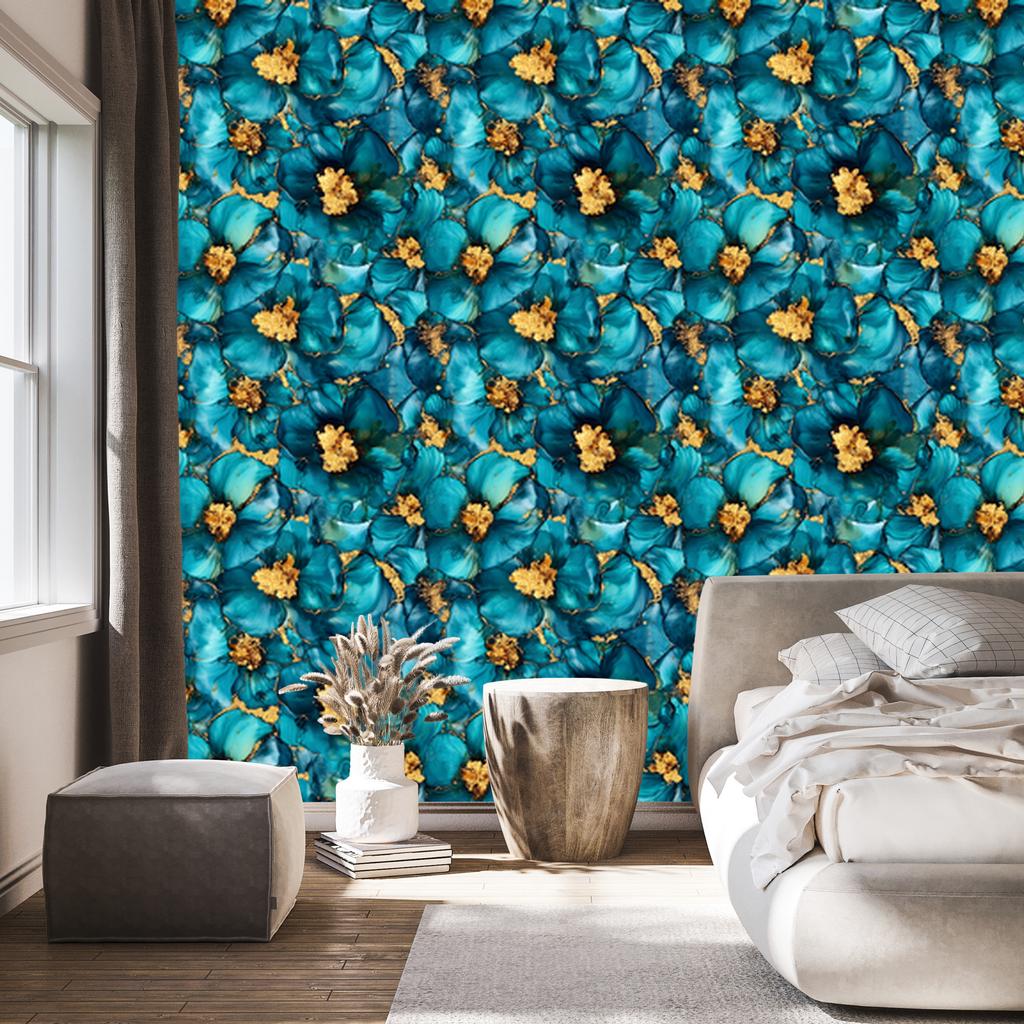 Turquoise, Sea and Gold Ink Wallpaper for Living Room and Bedroom 50x1000