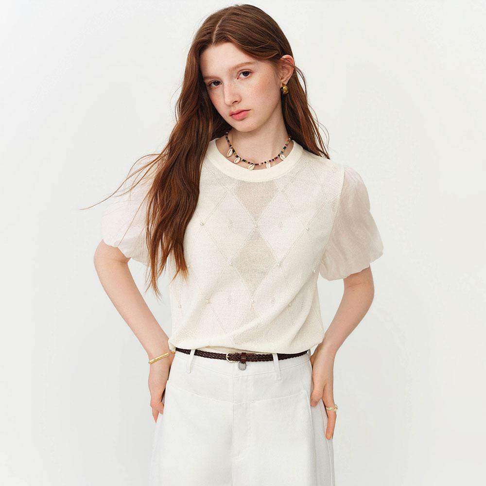 WEDNESDAY DELIGHT Wd_Beaded Sheer Puff Sleeve Knit Top_2Color