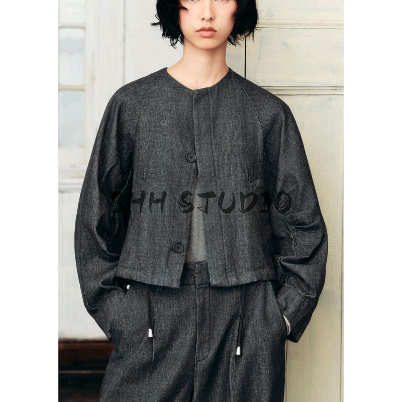 Denim Fluffy Pilot Jacket 5216260 Loose Wide Leg Denim Denim Mid Waist Pleated Pants 9632257