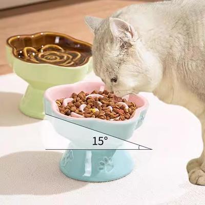 Creative Ceramic Drinking Water Food Tall Footed Pet Bowls Anti Overturning Neck Protection Slow Food Anti Choking Cat Bowl, 1Pc