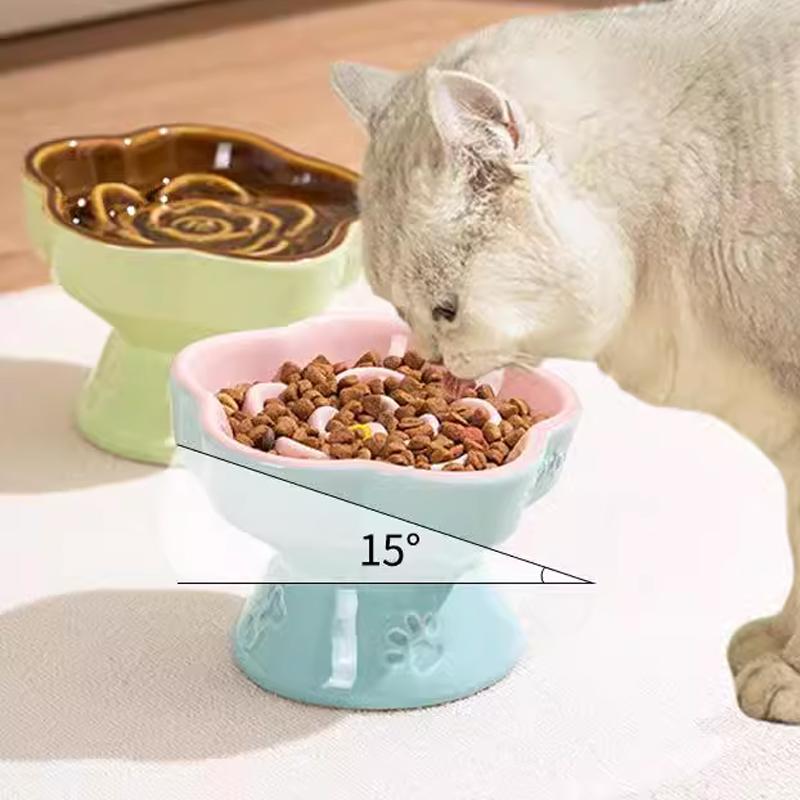 Creative Ceramic Drinking Water Food Tall footed Pet Bowls Anti Overturning Neck Protection Slow Food Anti Choking Cat Bowl, 1Pc