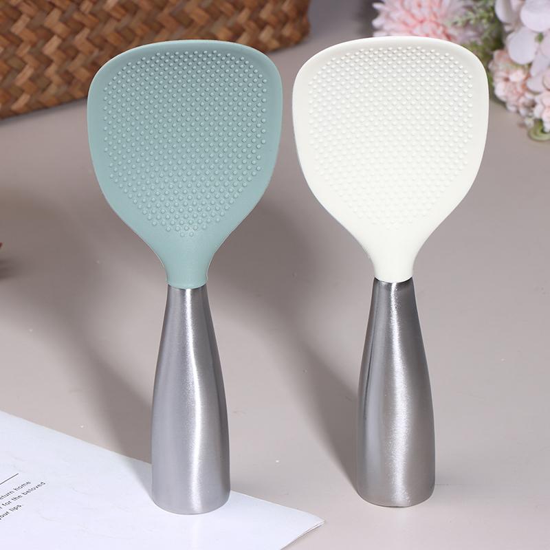 1Pc Silicone Spoon Non-Stick Cooking Spoon Stainless Steel Handle Anti-Scalding Pot Rice Spoon Durable Kitchen Gadgets