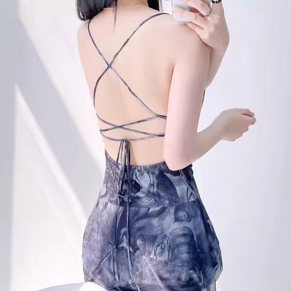 Sexy Cross Halter Suspender Skirt Spice Girl Tie-Dye Printed Mesh Waist Dress