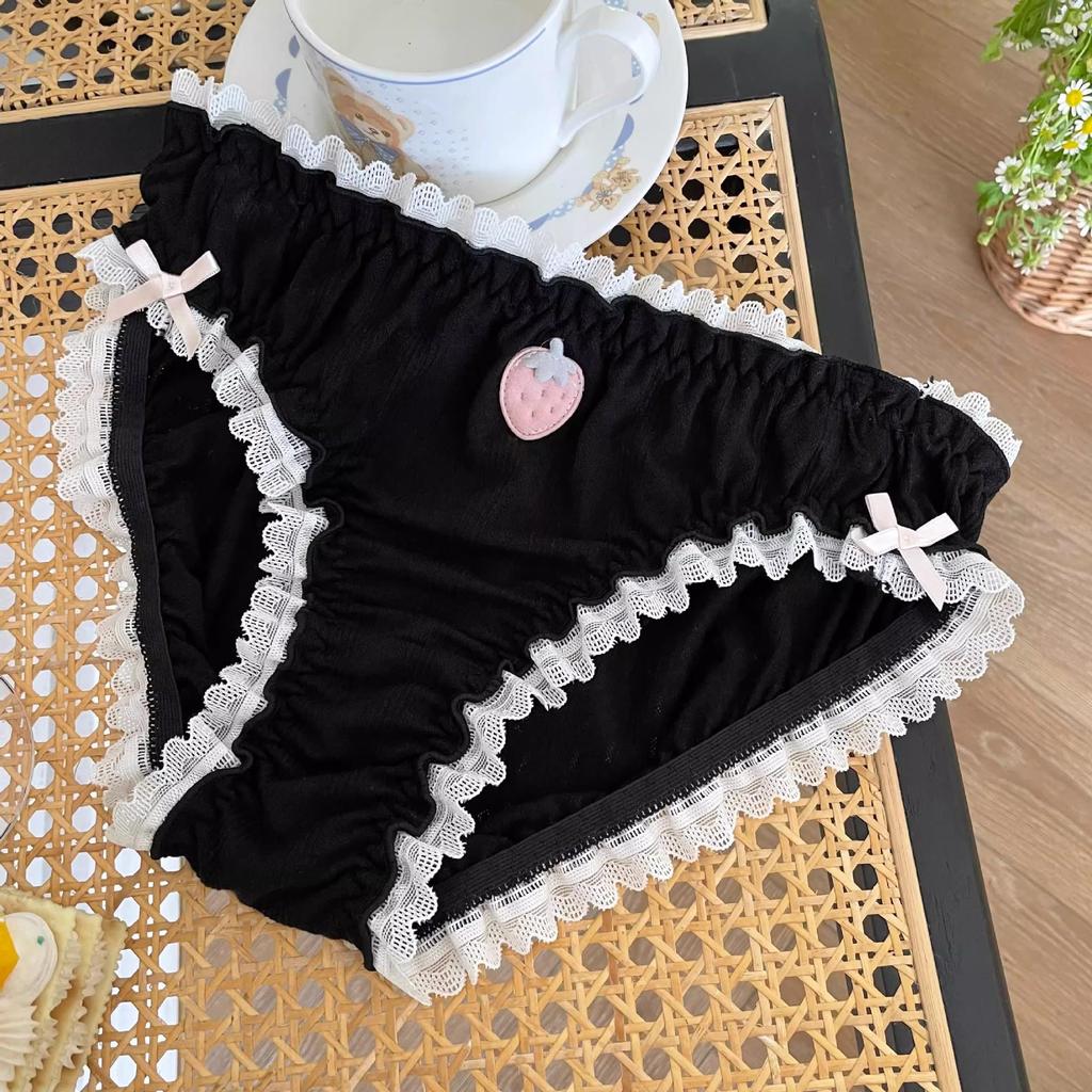 Japanese Sweet Strawberry Lace Trim Women's Panties - Cute, Comfortable, Soft Triangle Design for Summer.