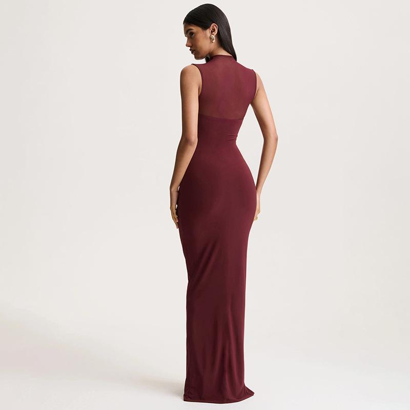 Elegant High Neck Sleeveless Slim Fit Long Dress with Mesh Splice and Ruffles for Women - Spring/Summer 2026 Collection