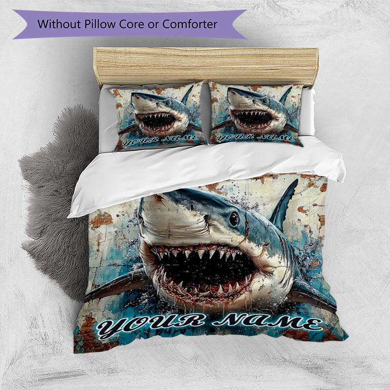 3PC Custom Name "Great White Shark Artwork" Bedding Set Duvet Cover Closure Includes 1 Duvet Cover & 2 Pillowcases for Bedroom