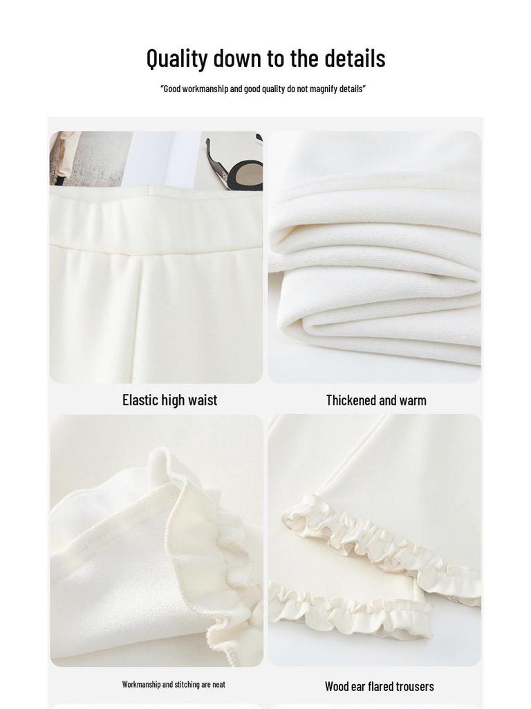 Women's High Waist Velvet Cashmere Flare Pants - Winter 2025, Slimming Ruffle Hem, Casual Floor-Length Style