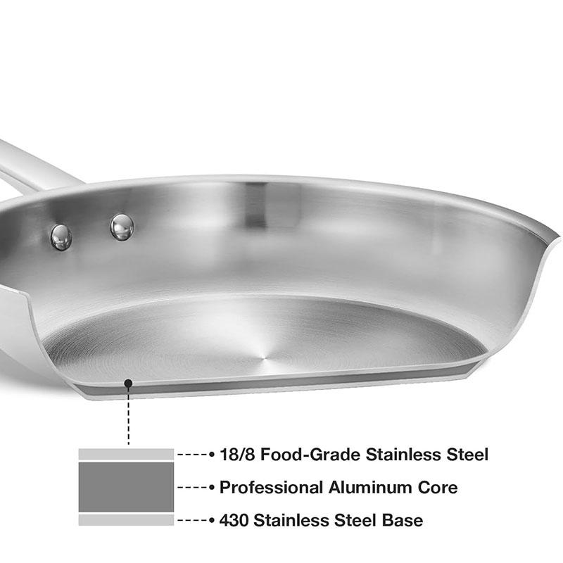8/10 Inch Tri-Ply Stainless Steel Frying Pan No Coatings Skillet Professional Cooking Skillet Induction Compatible Pan Oven Safe