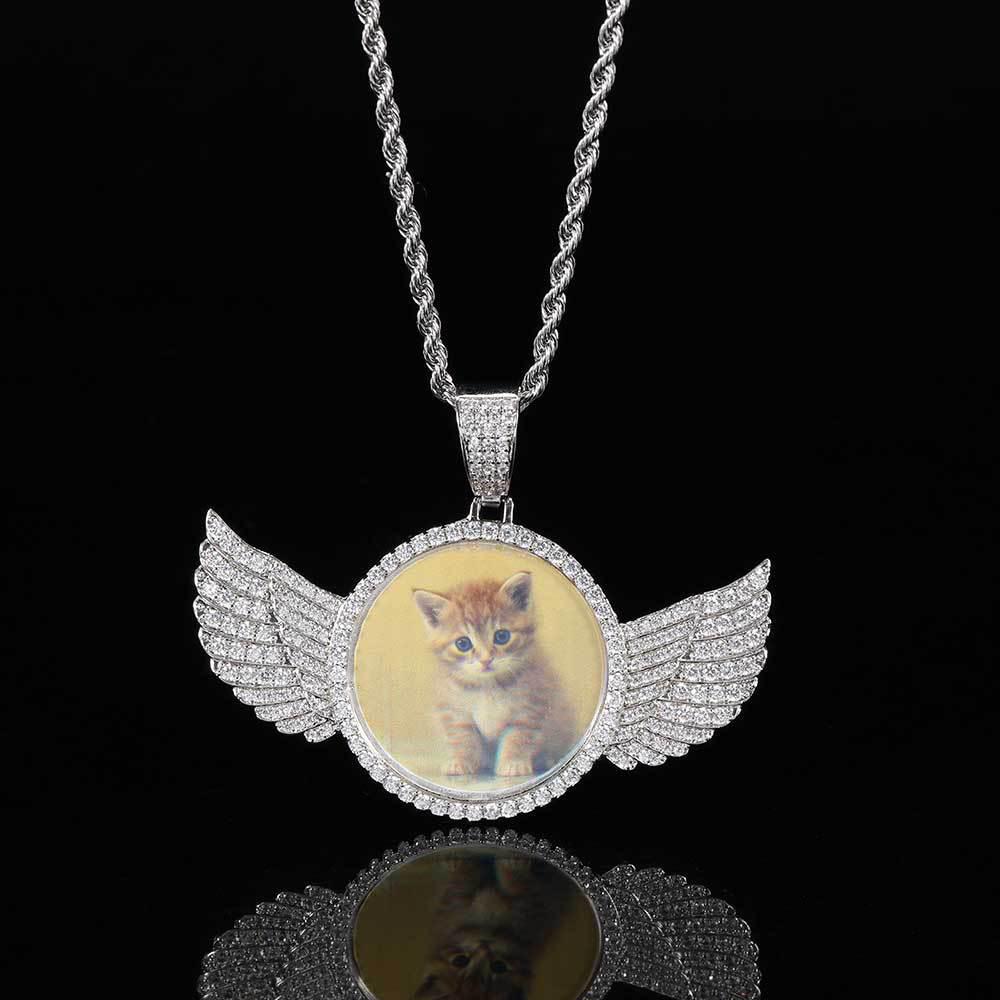 Angel Wings Photo Pendant Necklace with Zirconia - Hip Hop Style