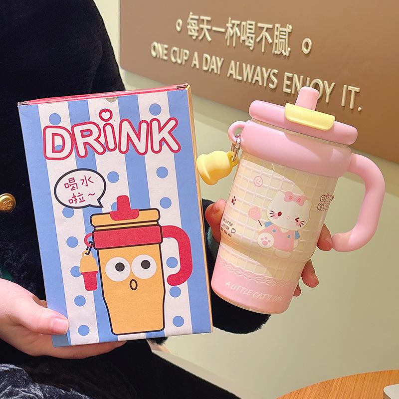 Cartoon cute Big Mac handle ice cup girls large capacity desktop thermos cup 111 stainless steel straw cup