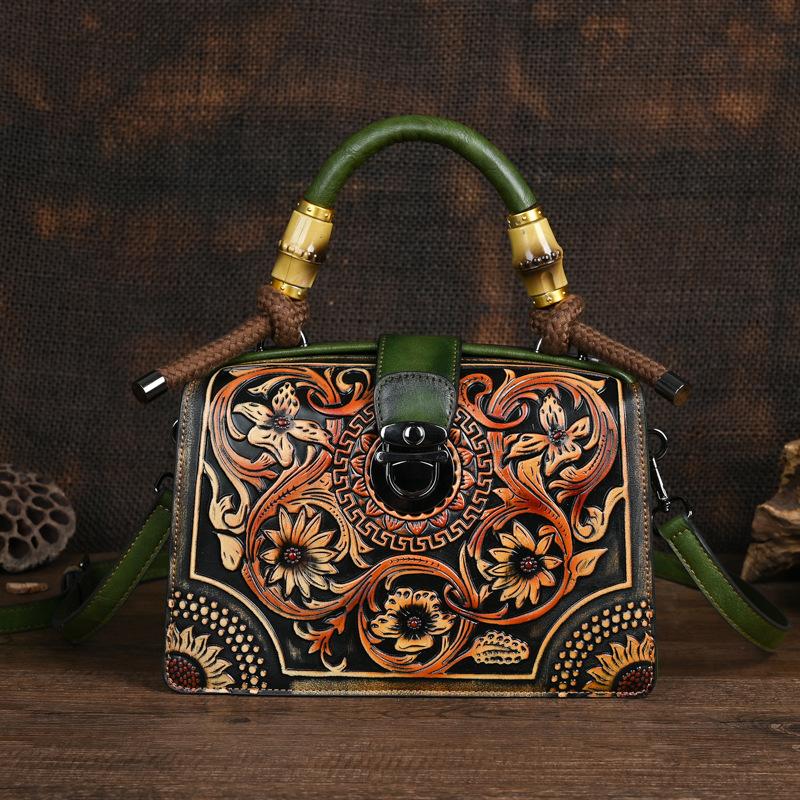Johnature Vintage Luxury Handbag Handmade Leather Carved Women Bag Versatile Female Shoulder & Crossbody Bags