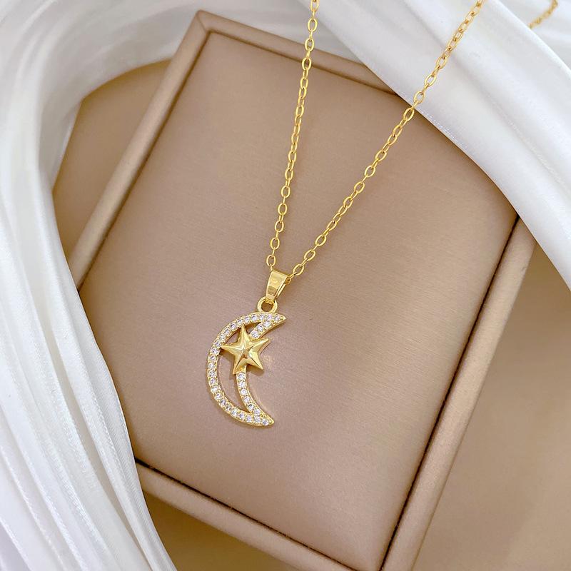 Titanium Steel Star Moon Full Diamond Light Luxury Temperament Gorgeous Full Diamond Necklace Female Versatile Collarbone Chain Titanium Steel Chain